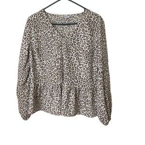 NINE WEST Brown Beige Leopard Animal Print Peplum Long Sleeve Top Sz Medium